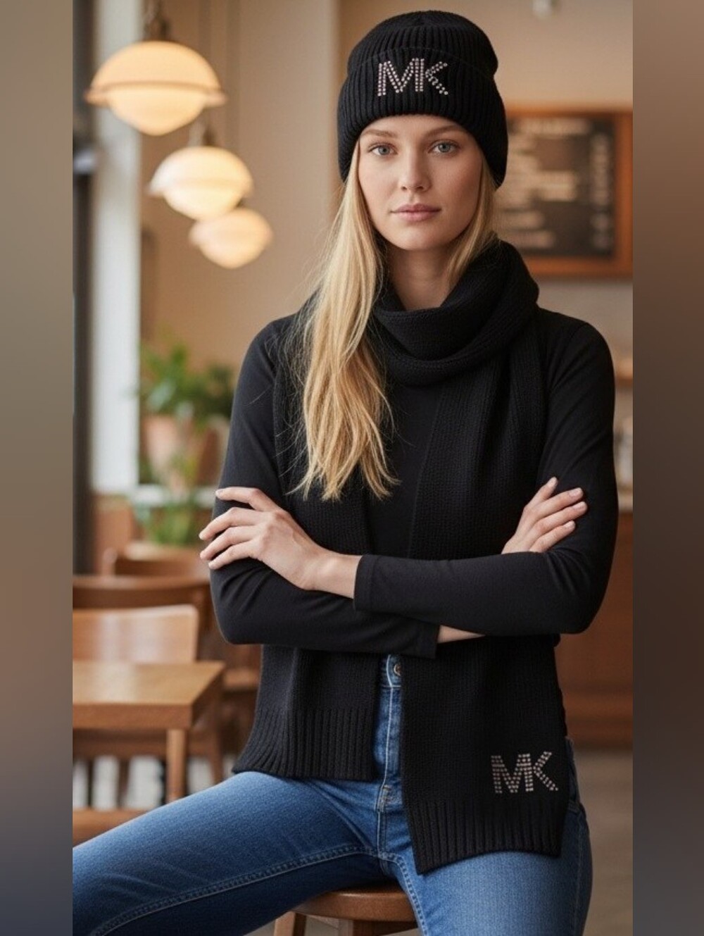 NEW BOX SET MICHAEL KORS Women's Black Studded MK Knit Beanie Hat and Scarf